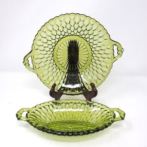 VTG Indiana Glass Mt. Vernon Green Honeycomb Round and Oval Dishes